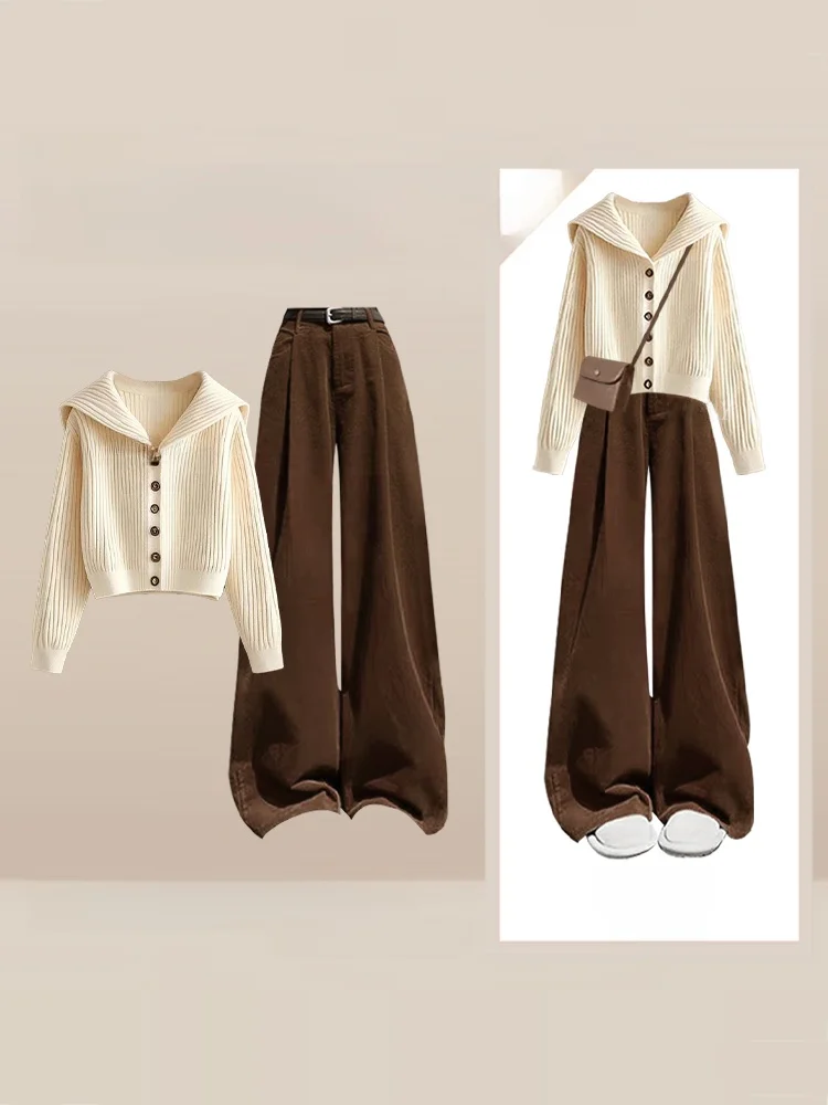 

Осень-зима, мягкий винтажный бежевый открытый кардиган, свитер на одной пуговице, повседневные брюки с высокой талией, женский комплект из двух предметов, повседневный Sle