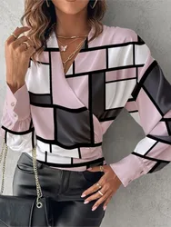 Women's Blouse Fashion Print Top Casual V-Neck Long Sleeve Elegant Office Laies Shirt White Blouses 2024 Spring Autumn Clothing