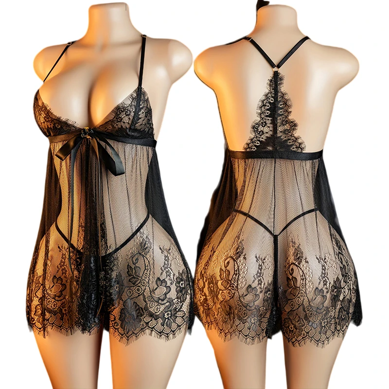 

Transparent Ultra-thin Women Pajamas Lace Lingerie sexy Nightgown Deep V Backless Nightgowns Hot Mini Night Dress Sexy Nightwear