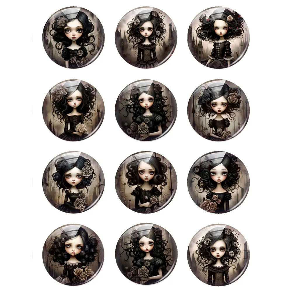 Dark Style Gothic Flower Girl Photo Glass Cabochon Charms Demo Flat Back Cameo For Diy Jewelry Making Finding Accessories