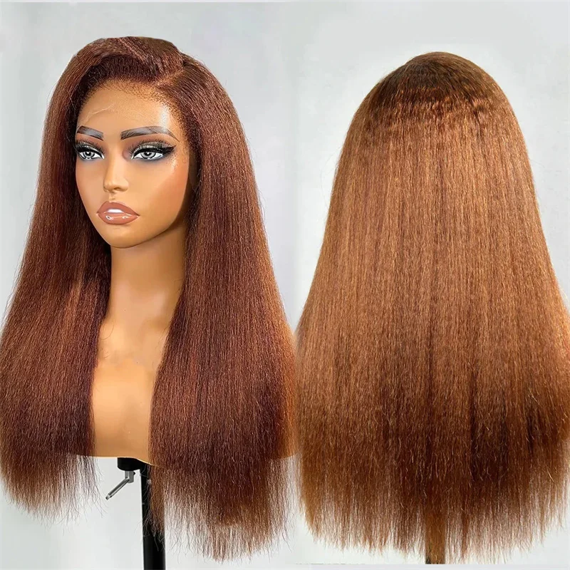 28Inch 180Density Soft Glueless Brown Yaki Kinky Straight Lace Front Wigs For Women BabyHair Preplucked Daily  Fashion Synthetic