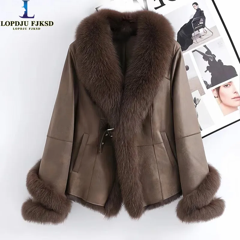 Manteau en fourrure de lapin en cuir véritable pour femmes, pardessus à col en fourrure de renard, vêtements féminins, style anglais, haute qualité, hiver, 2023