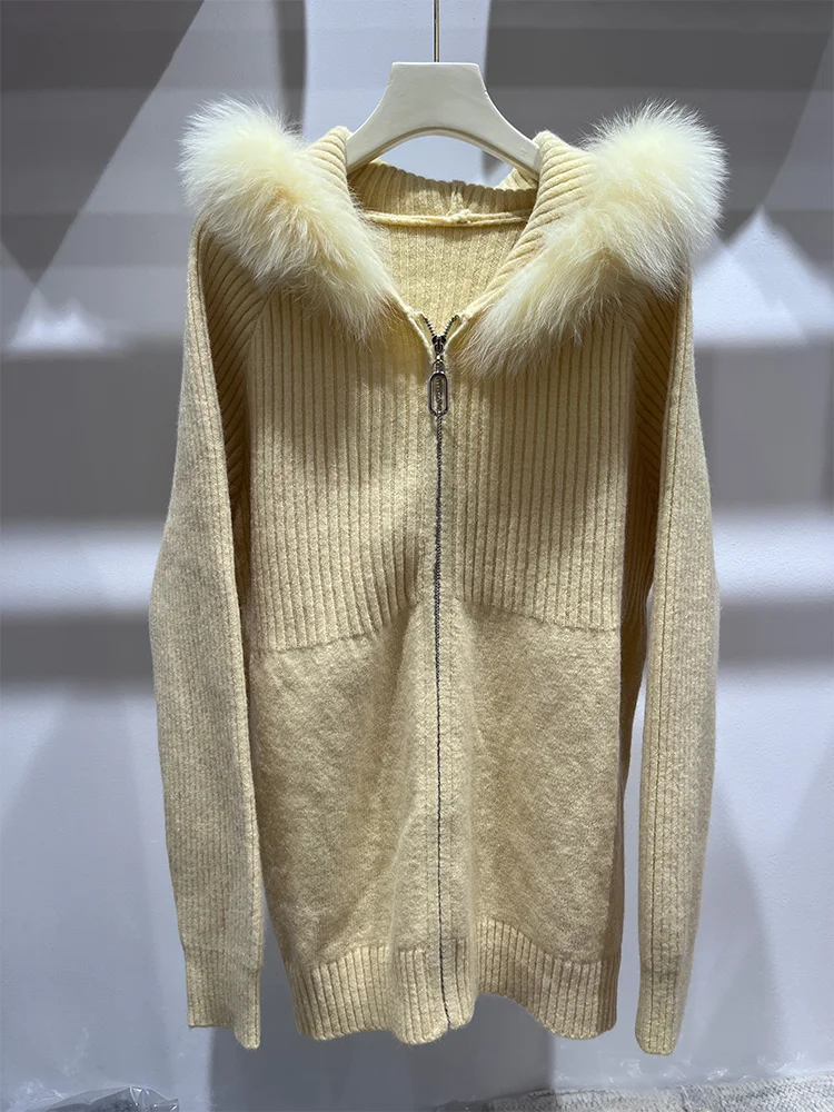 

Новинка 2023 года, осенний женский свободный вязаный кардиган, свитер из натурального лисьего меха с длинными рукавами и круглым вырезом, большие размеры, вязаные свитера