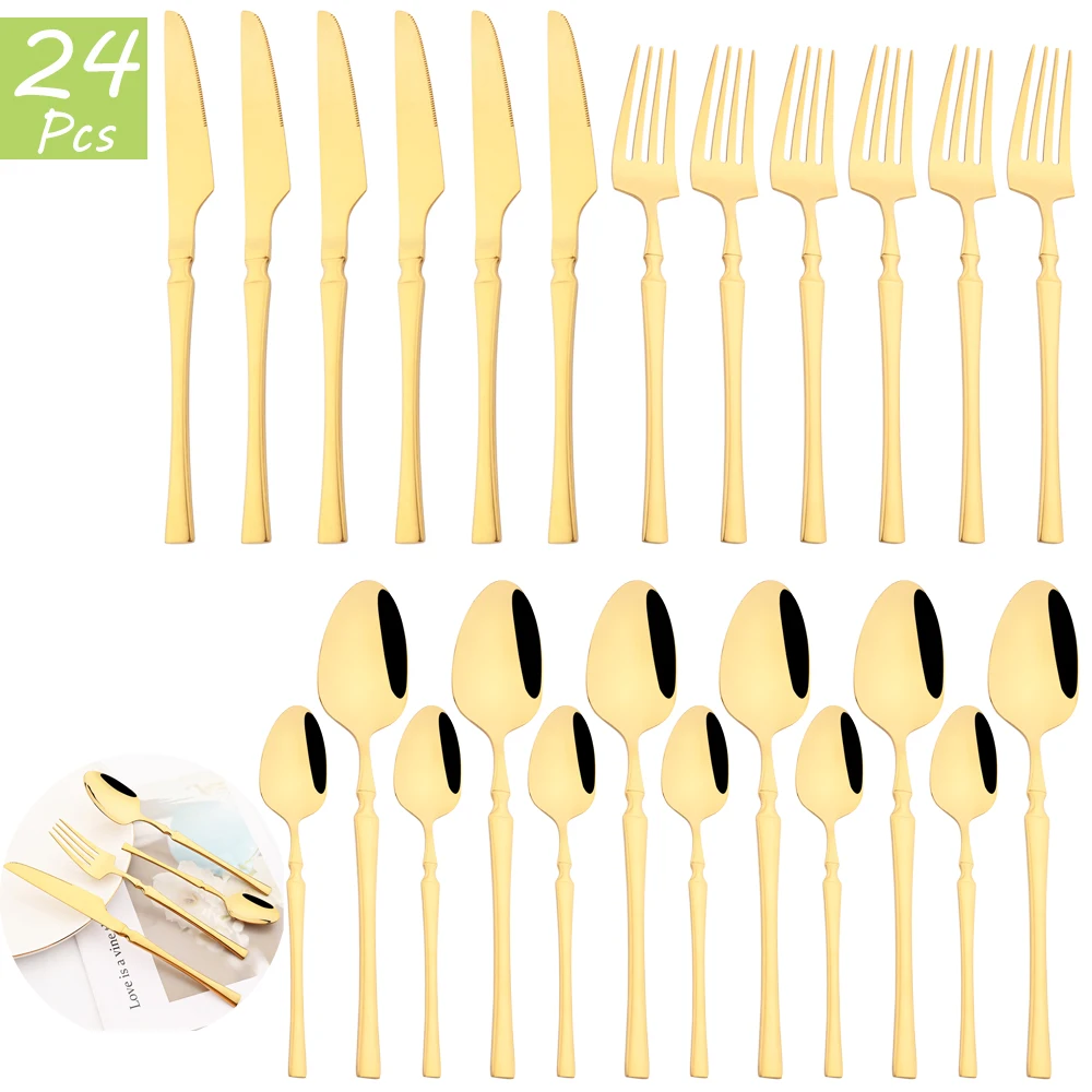 

16/24Pcs Gold Cutlery Set Knife Fork Coffee Tea Spoon Flatware Set Stainless Steel Dinnerware Tableware Party Kitchen Silverware