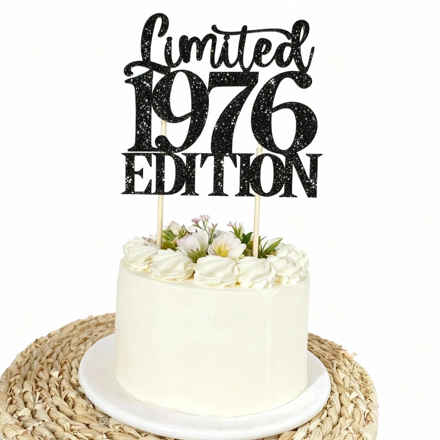 Limited Edition 1976 Schwarzer Glitzer-Kuchenaufsatz für Geburtstag, handgefertigte schwarze Kuchendekoration (1 Stück) – perfekt für Weihnachten – Detail 4
