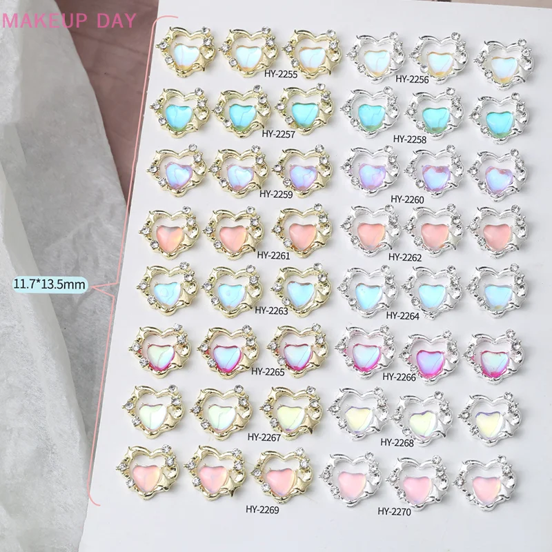 5PCS Aurora Illusion Color Love Alloy Nail Accessories Three Dimensional Hollow Peach Heart Four Star Nail DIY Decoration