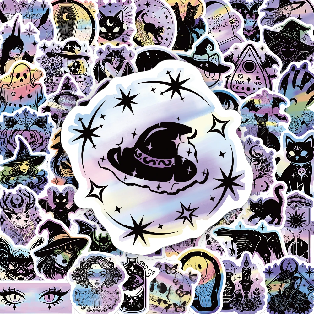 50 Stück Gothic Hexen- und Mond-Aufkleber, Halloween-Dekor, Dunkle Ästhetik, Schwarze Katze, Fledermaus, Vinyl, Wasserfeste Aufkleber für Laptops