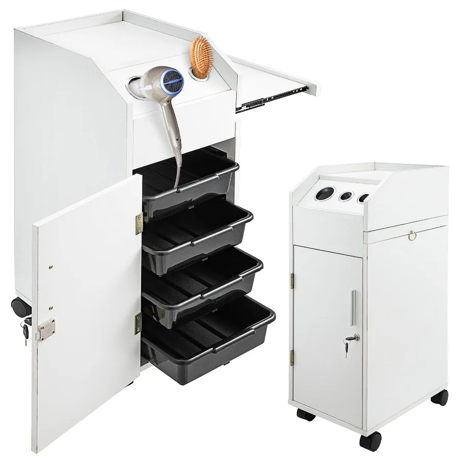 

Salon SPA Beauty Hairdressing Cart White Storage Trolley with 4 Drawers Rolling Wheels Lockable 2 Keys w Hairdryer Holder Spac