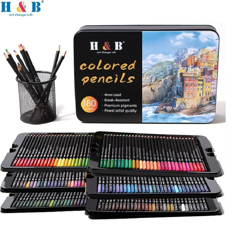 b conjunto profissional de lapis coloridos para criancas e adultos artigos de arte em caixa de lata oleo colorir iniciantes 180 pcs 120 pcs 72 pcs h 01