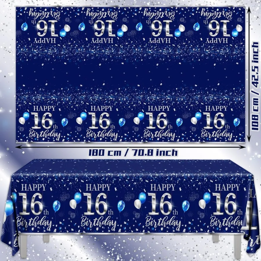 Nappe jetable pour 16e anniversaire, 3 pièces, argent bleu, décorations joyeux anniversaire pour garçon de 16 ans, fournitures de fête d'anniversaire