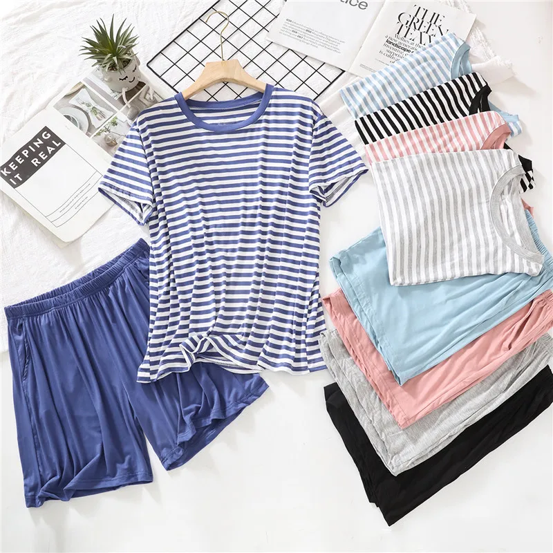 

Fdfklak Pajamas Women Spring Summer Sleepwear Set Elastic Modal Casual Loose Short Sleeve Shorts Suit Stripe Home Clothes