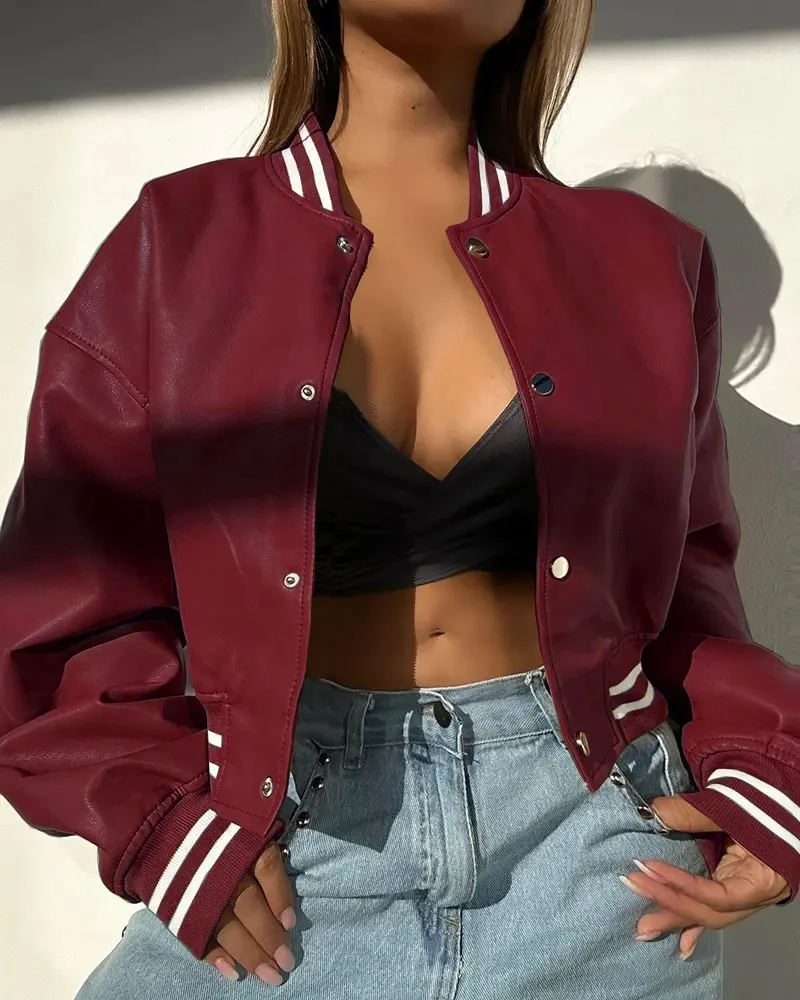 

Fashion PU Leather Jacket Women Autumn New Striped Splicing Solid Color Button Long Sleeve Motorcycle Jacket Street Trend Coat