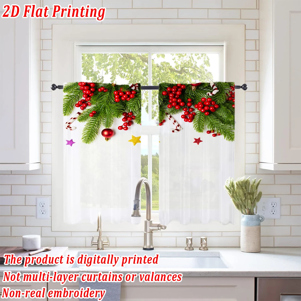 ستارة شفافة للمطبخ بطباعة مسطحة لعيد الميلاد مع فرع صنوبر بيري عيد الميلاد المجيد لحفلات ديكور المنزل في عيد الميلاد #1
