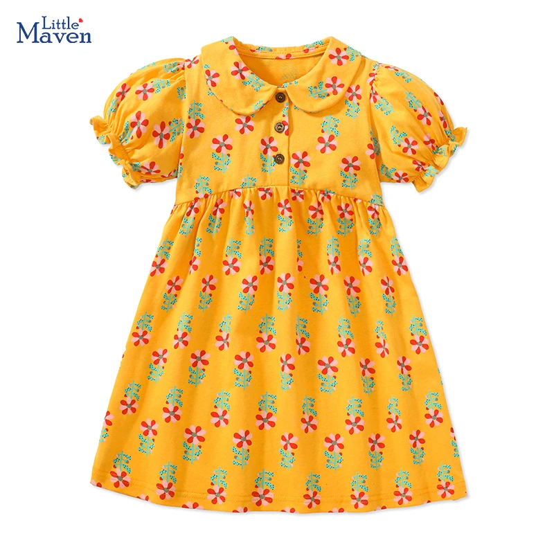 

Little maven Children's Clothing Kids Clothes Baby Girls 2024 Summer Princess Cotton Turndown Collar Flowers Puff Sleeve Dress