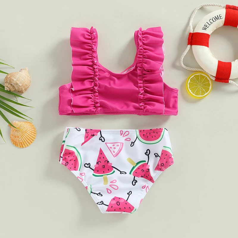 Tregren Kid Girls Swimwear Summer Sleeveless Patchwork Tops + Watermelon/Pineapple Print Briefs 2pcs Bikini Set Beach Swimsuit