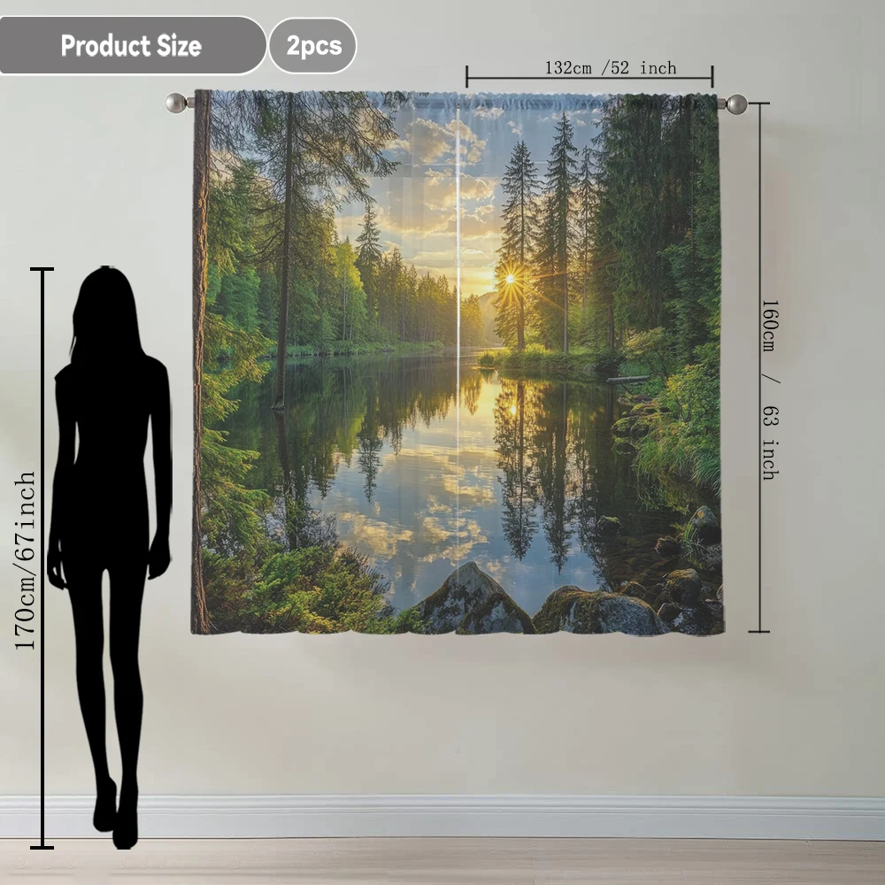 2Pcs Sunset Lake Forest Print Home Decoration Window Screens Suitable For Kitchen, Coffee Shop, Restaurant, Bedroom
