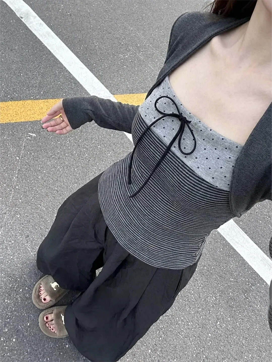 

Korean Sle Long Sve T-irt Women's Winter Design Slim Fit Stripe Top with Ribbon Knot Soft Comfortable Versatile Faion