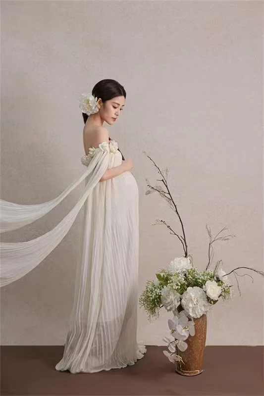 

Ivory Sheer Chiffon Maternity Dress for Photoshoot Custom High Neck See Through Maternity Dresses Illusion Babyshower Dress