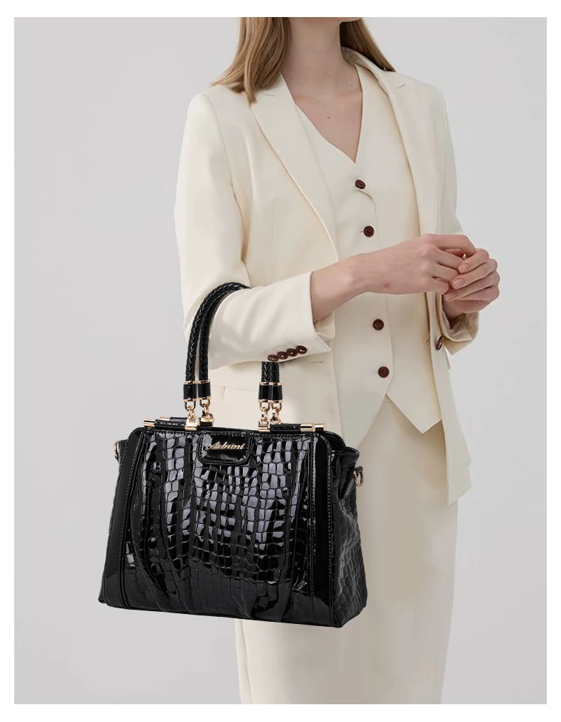 Aidrani Neue Glänzende Kroko-Muster Lackleder Handtasche für Damen mit Geflochtenem Griff und Metallkette, Crossbody Alltagstasche – Detail 2