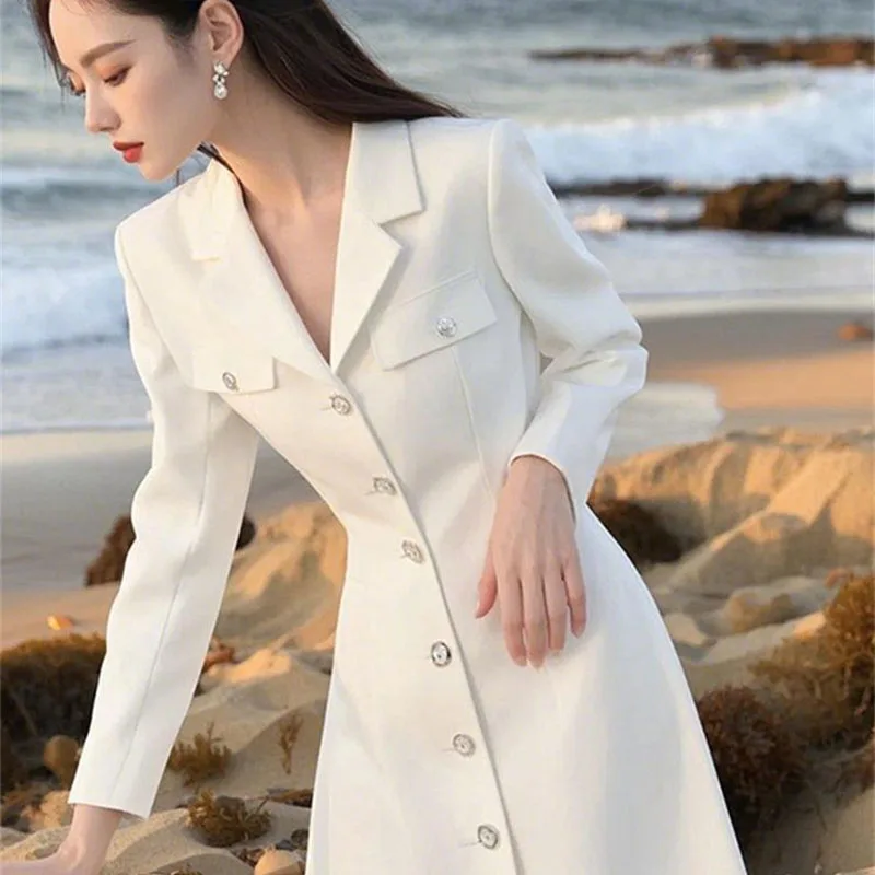 2025 New Elegant White Dress Fashion Spring Autumn Women's Single Breasted Slim Shirt Dresses Korean Women Receive High Praise
