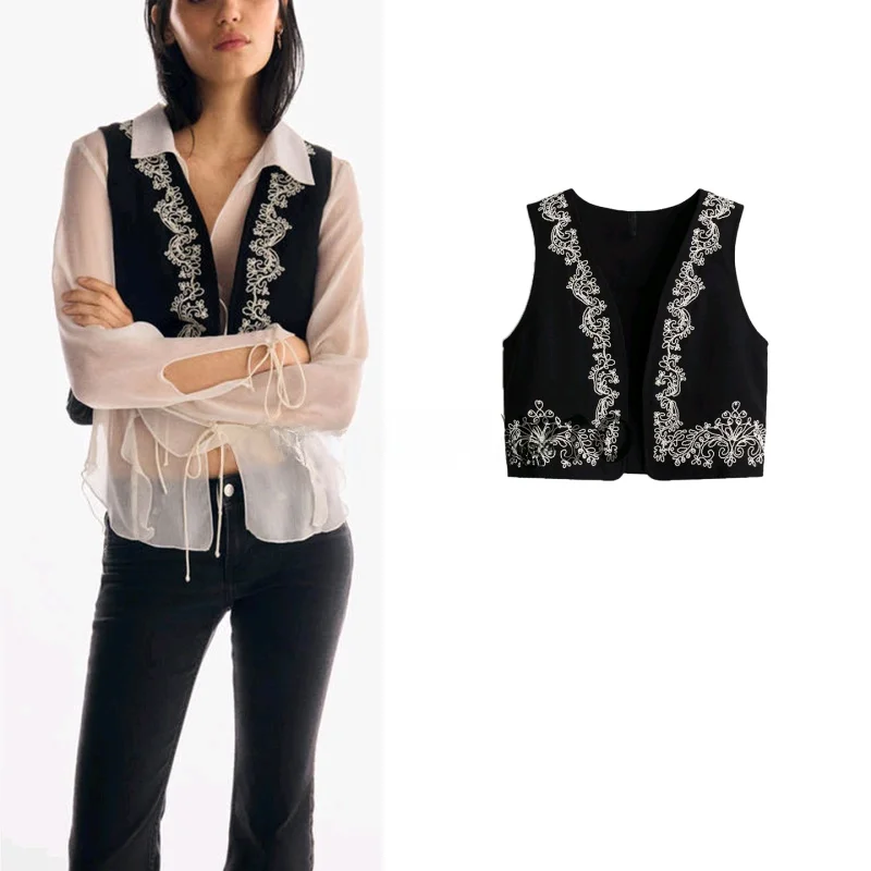 Autumn New Sle Women's Slim Fit V-Ne Svel Embroidered Casual ort Vest Faionable Commute Pure Color Polyester