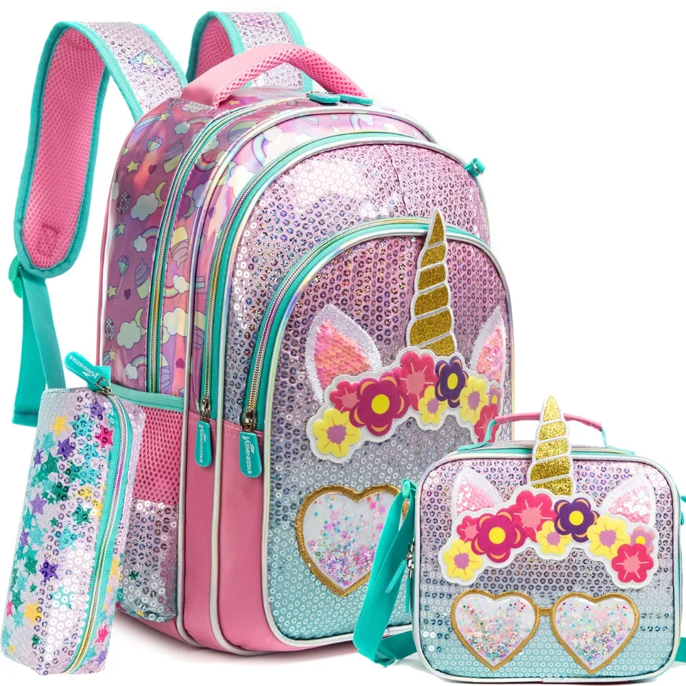 Gsequins 3 Piece Set School Bags for Girls  Unicorn Pink Sequins Waterproof  Kids Backpack School Bags Shoulder Kawaii Backpack