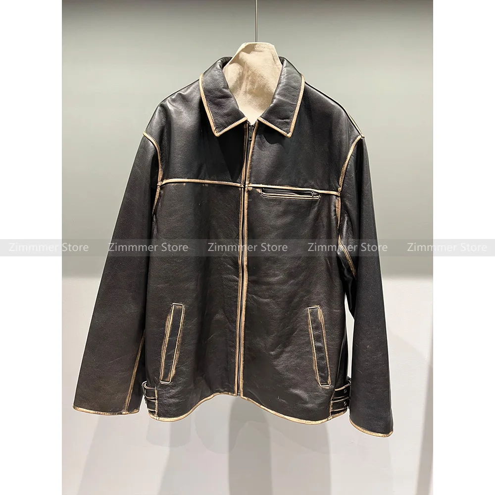 Women\'s Europe and the United States wind retro lapel biker wind loose silhouette jacket coat leather jacket