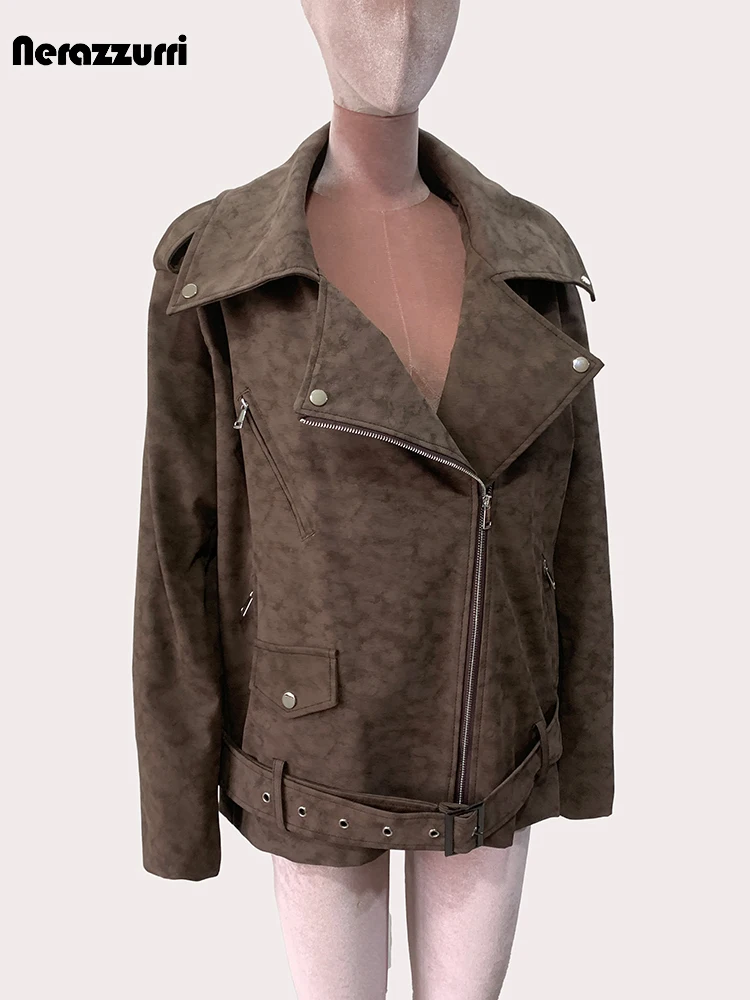 Nerazzurri-Veste en cuir PU souple marron pour femme, ceinture, fermeture éclair, manches longues, rétro, décontracté, mode coréenne, automne