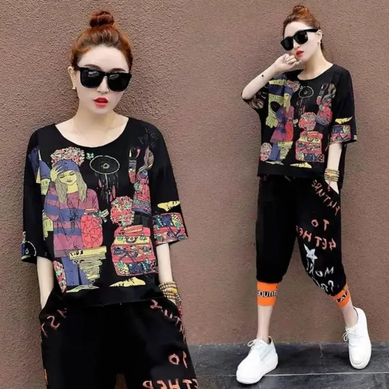 Women\'s Fashion Sports Suit Spring Summer New Short Sleeved T-shirt Calf-Length Harem Pants Korean Loose Leisure 2 Two Piece Set