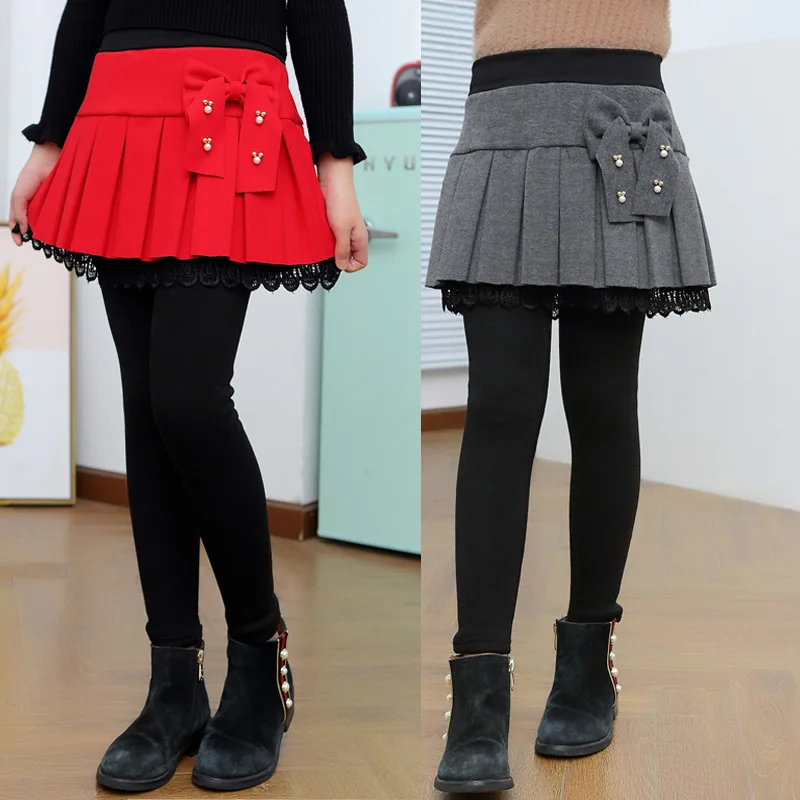 Girls Winter Warm Leggings with Skirt For Children Insulated SKinny Pants-Skirt With Bow Skirtpants Kids Baby Culottes Pants