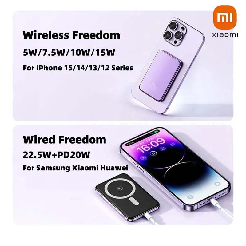 باور بانك لاسلكي مغناطيسي محمول بقدرة 50000 مللي أمبير في الساعة من Xiaomi PD22.5W بطارية خارجية للشحن السريع لهاتف Magsafe لهاتف iPhone 17 وسامسونج