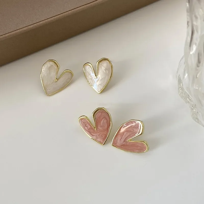 Classic Silver Needle Vintage Simple Love Heart Stud Earrings for Women Temperament White Enamel Cute Earring Korean Jewelry image 5