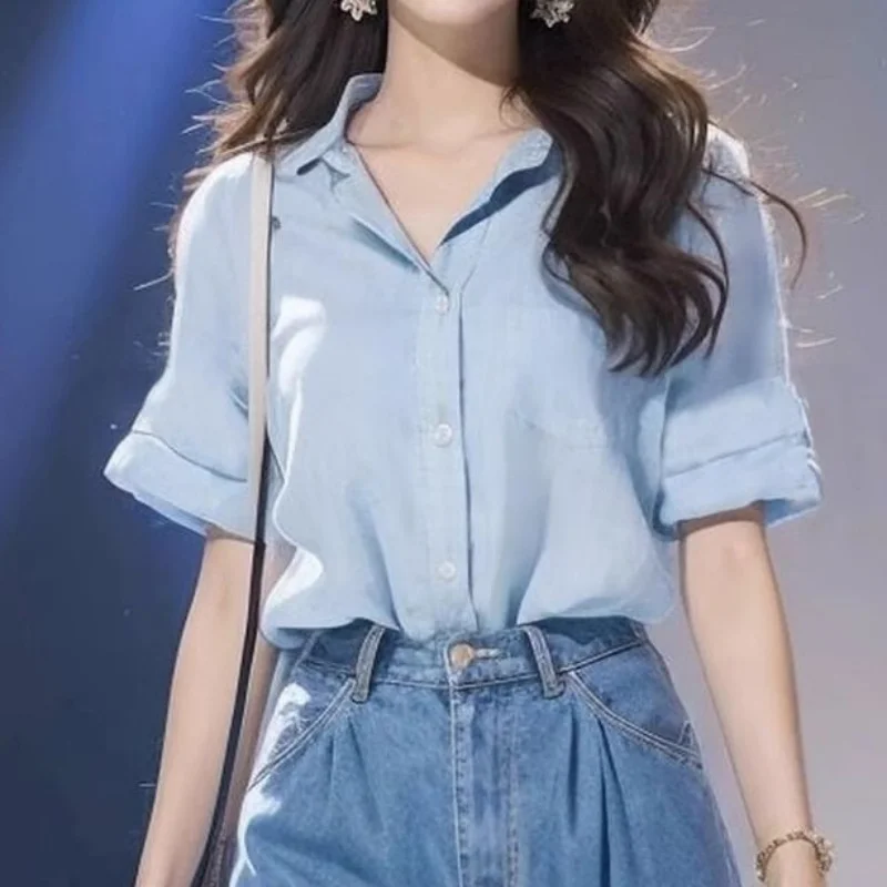 

Spring And Summer New Solid Color Turn-Down Collar Office LadyShort Sleeve Women's Wear High Quality Single Breasted Shirt