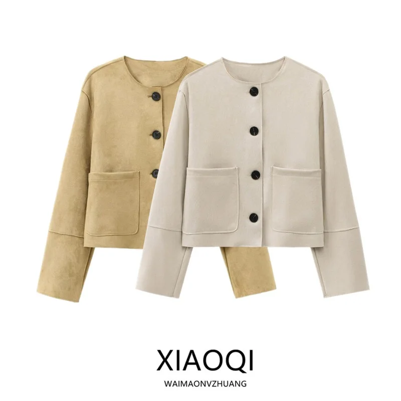2024 Autumn New Women's Fashionable Long Sleeve Velvet Jacket Collar Coat Versatile Quality round Neck Outerwear Straight Cut