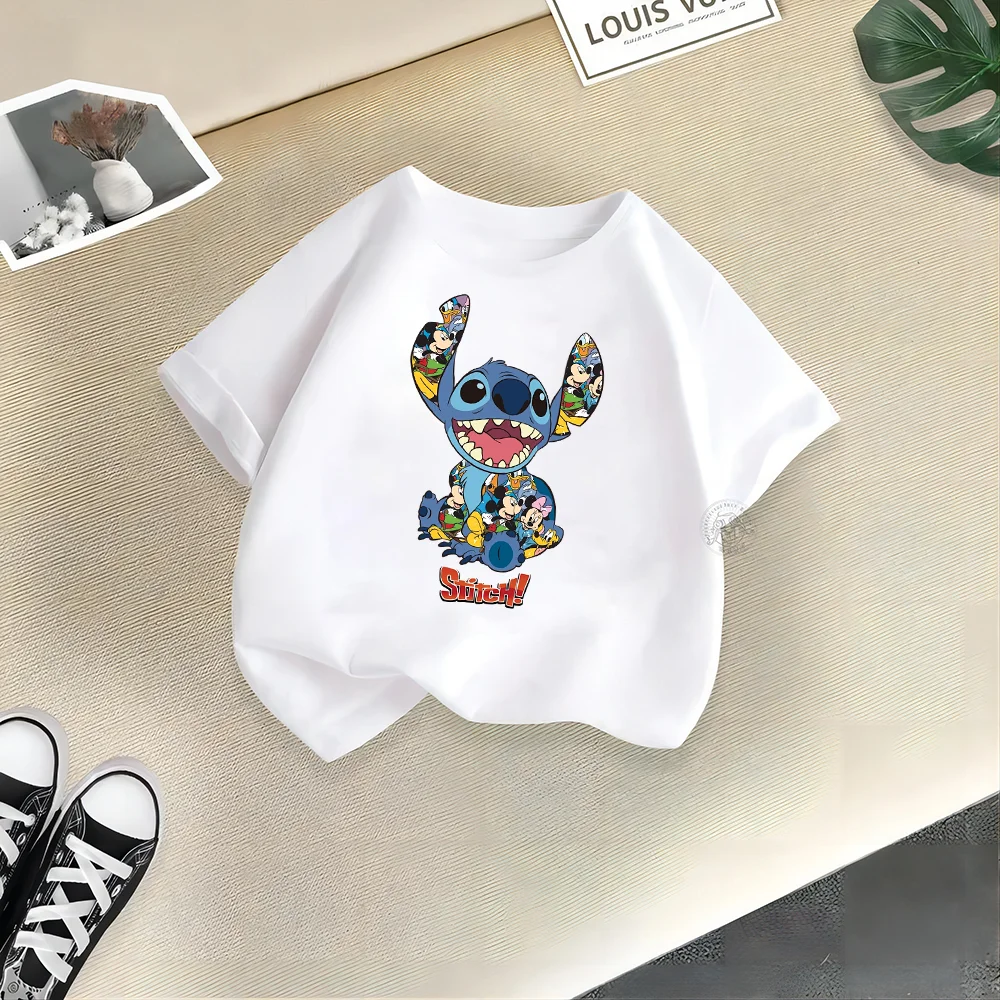 Disney Sommerkleid ung 100% Baumwolle T-Shirt Kinder Cartoon Stich kreativ gedruckt Crewneck Top