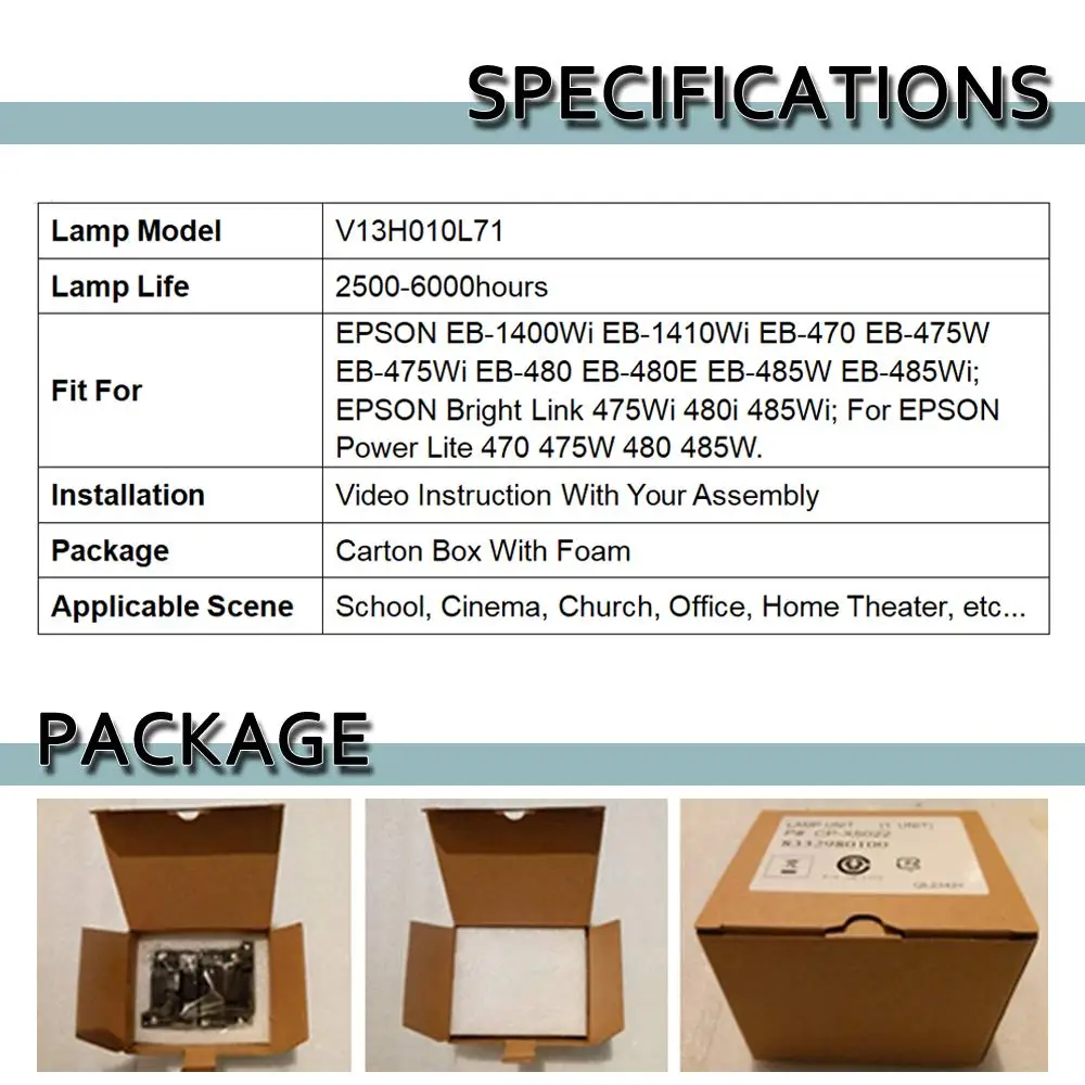 Replacement  ELPLP71 for EPSON EB-470 EB-475W EB-480 EB-485W EB-485Wi/PowerLite 470 475W 485W 475Wi 480i 485Wi  V13h010l71