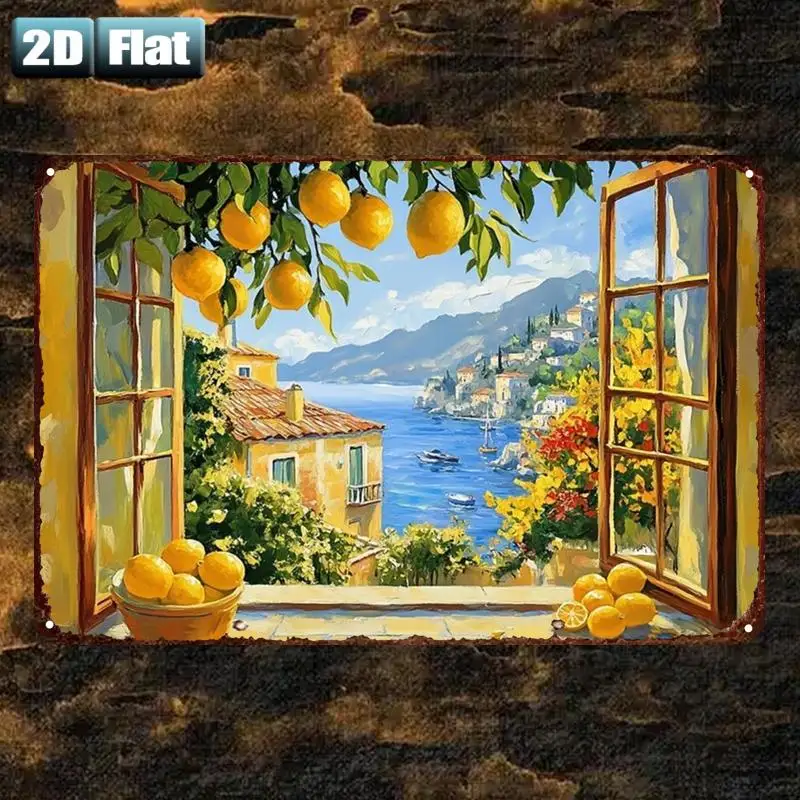 2D Flat, 2D Flat 1pc,A Serene View of a Mediterranean Village Through an Open Window with Oranges,metal Iron Sign,size(8