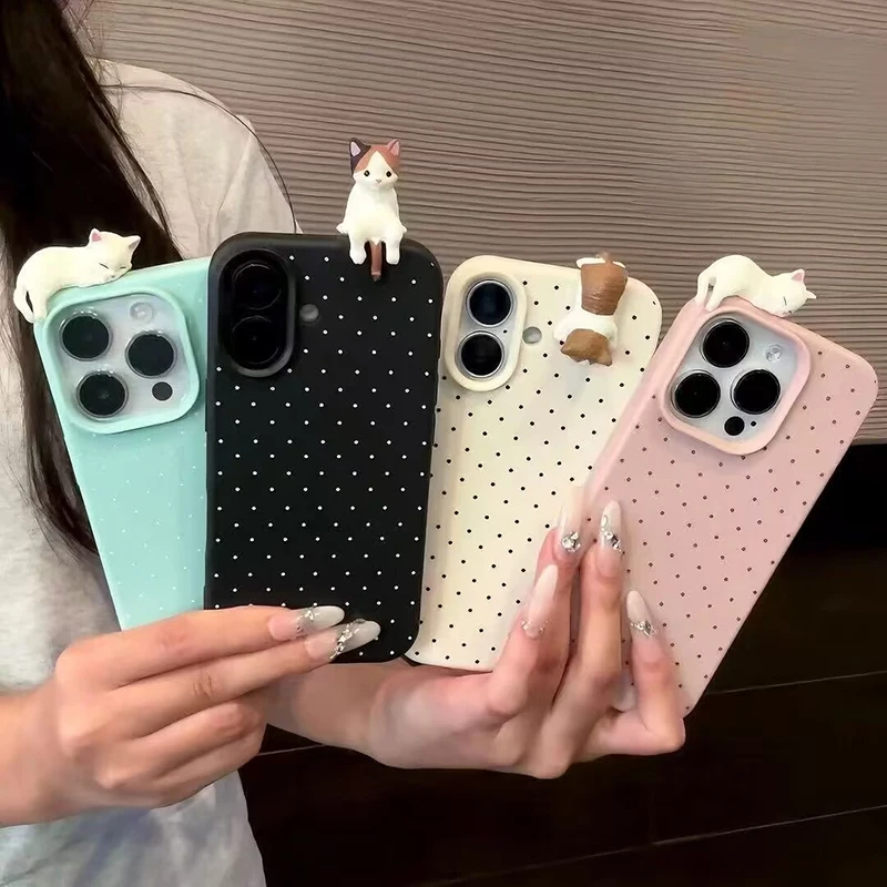 For iPhone 16 Pro Cute 3D Cat Dog Dot Leather Phone Case For iPhone 16 15 13 14 12 11 Pro Max Korean Lovely Kitten Soft Cover