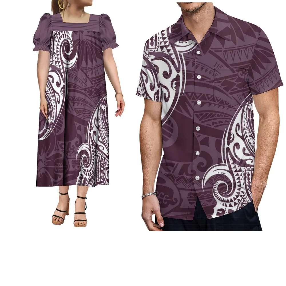 Zomerpaaroutfits Polynesische bedrukte op maat gemaakte Mumu-jurk voor dames en casual shirt met korte mouwen voor heren