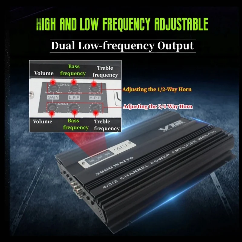 12V 3800W Car Audio Amplifier Subwoofer Amplifier High Power Dual Bass Output Cart 4 Channel Audio Speaker