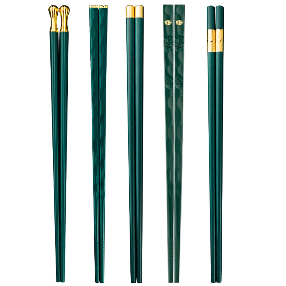 5 Pairs Green Gold Alloy Chopsticks Set Non-Slip Sushi Chopsticks Set Reusable Chinese Chopsticks Home Kitchen Dinnerware Set