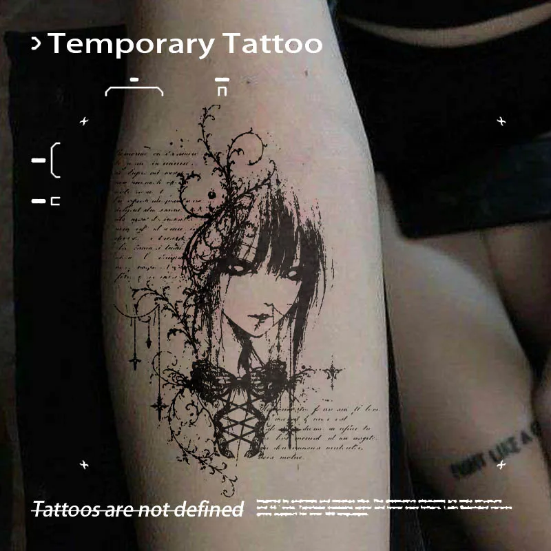 Dark Manga Girl Vintage Script Vine Cross Herbal Juice Tattoo Sticker Waterproof Fake Tattoo Unisex Forearm Gothic Grunge Body