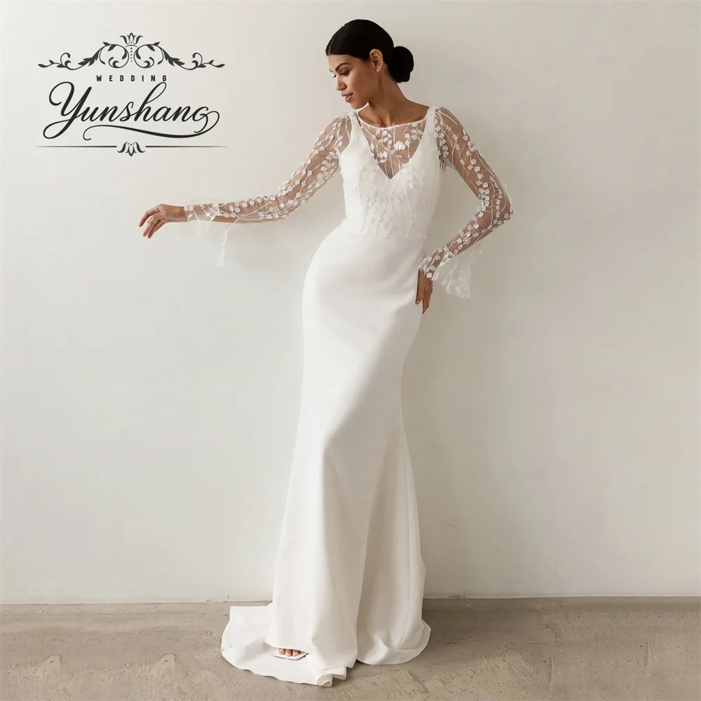 

Yunshang Customized Mermaid Wedding Dress Backless Button Lace Embroidery Bell Sleeves Deep V-Neck Sleeveless Appliques Morden