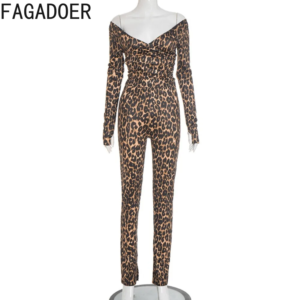 FAGADOER Sexy Leopard Print Two Piece Outfits Woman Outfits Deep V-Neck Long Sleeves Crop Top + Pants Matching Female Streetwear
