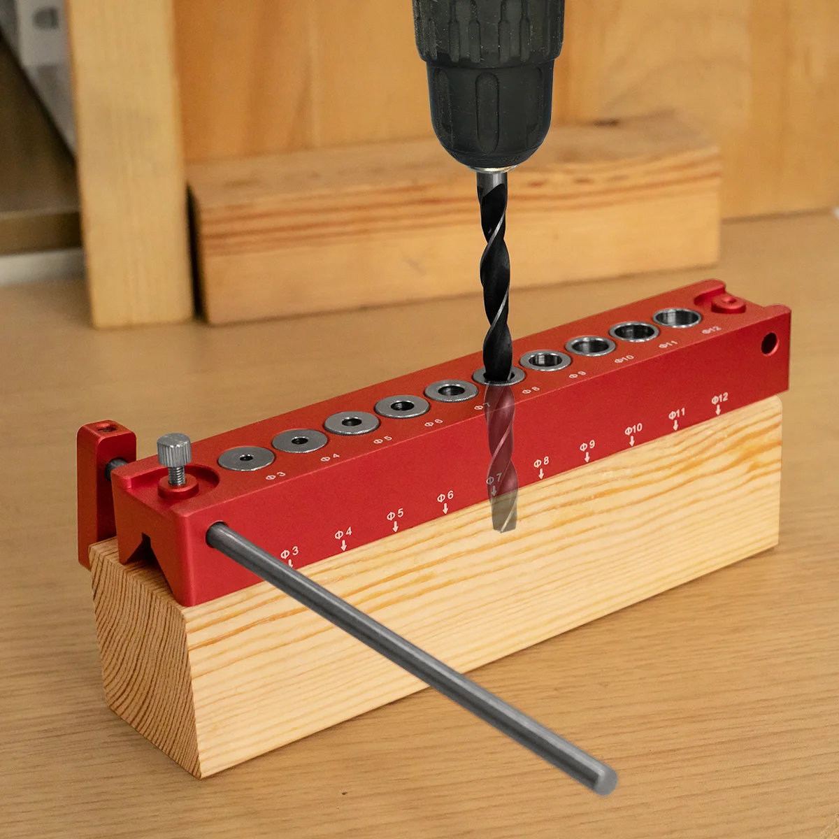 

Extended Wood Dowel Jig with Positioning Rods, Straight Hole Drill Guide for Round & Square Wood, Woodworking Locator Tool