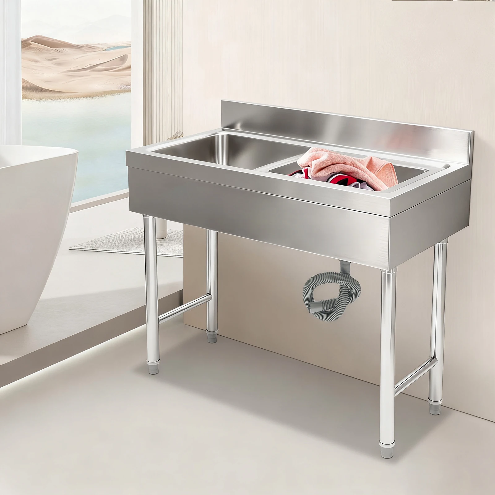 حوض مطبخ مستطيل من الفولاذ المقاوم للصدأ RV قائم بذاته فضي 100 × 50 × 80 سم للمطعم التجاري #4