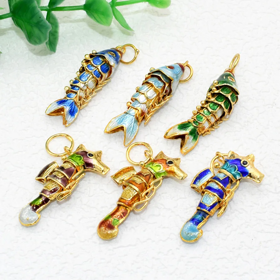 3pcs Chinese Cloisonne 3.5cm Active Carp Sea Horse Hippocampus Enamel Charm Pendants For Earring Necklace Making