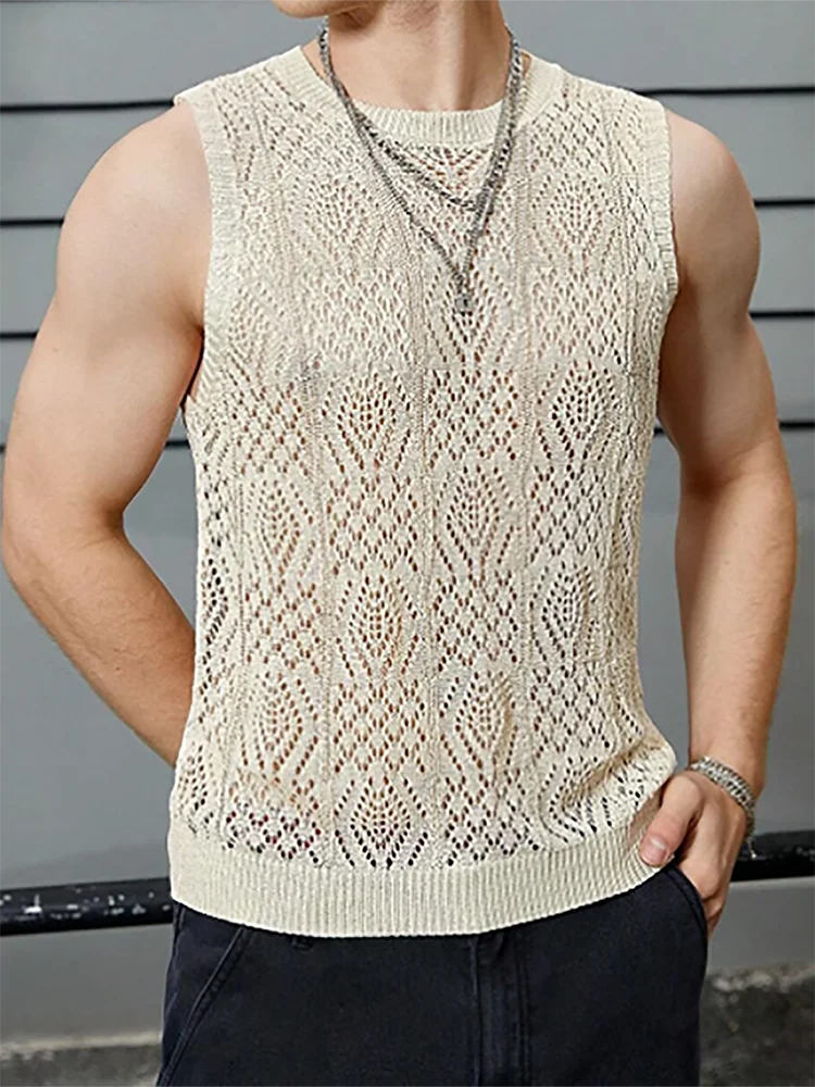 Simple Hollow Out Loungewear Fashion Tops, Men Summer 2024 Sleeveless Sweaters, Thin O-Neck Patchwork Solid Male Vest Streetwear