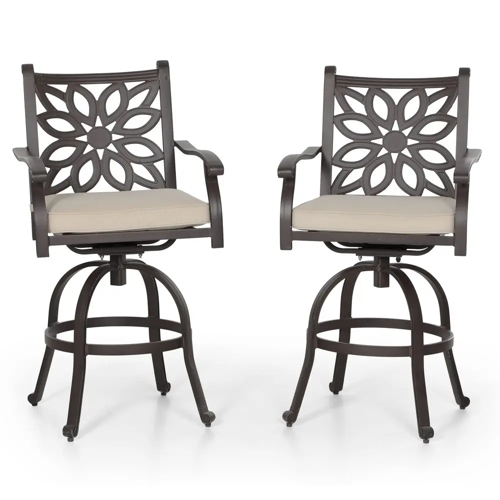 

Outdoor Swivel Bar Stools Set of 2, Cast Aluminum High Top Pub Height Patio Bar Chairs with Seat Cushion