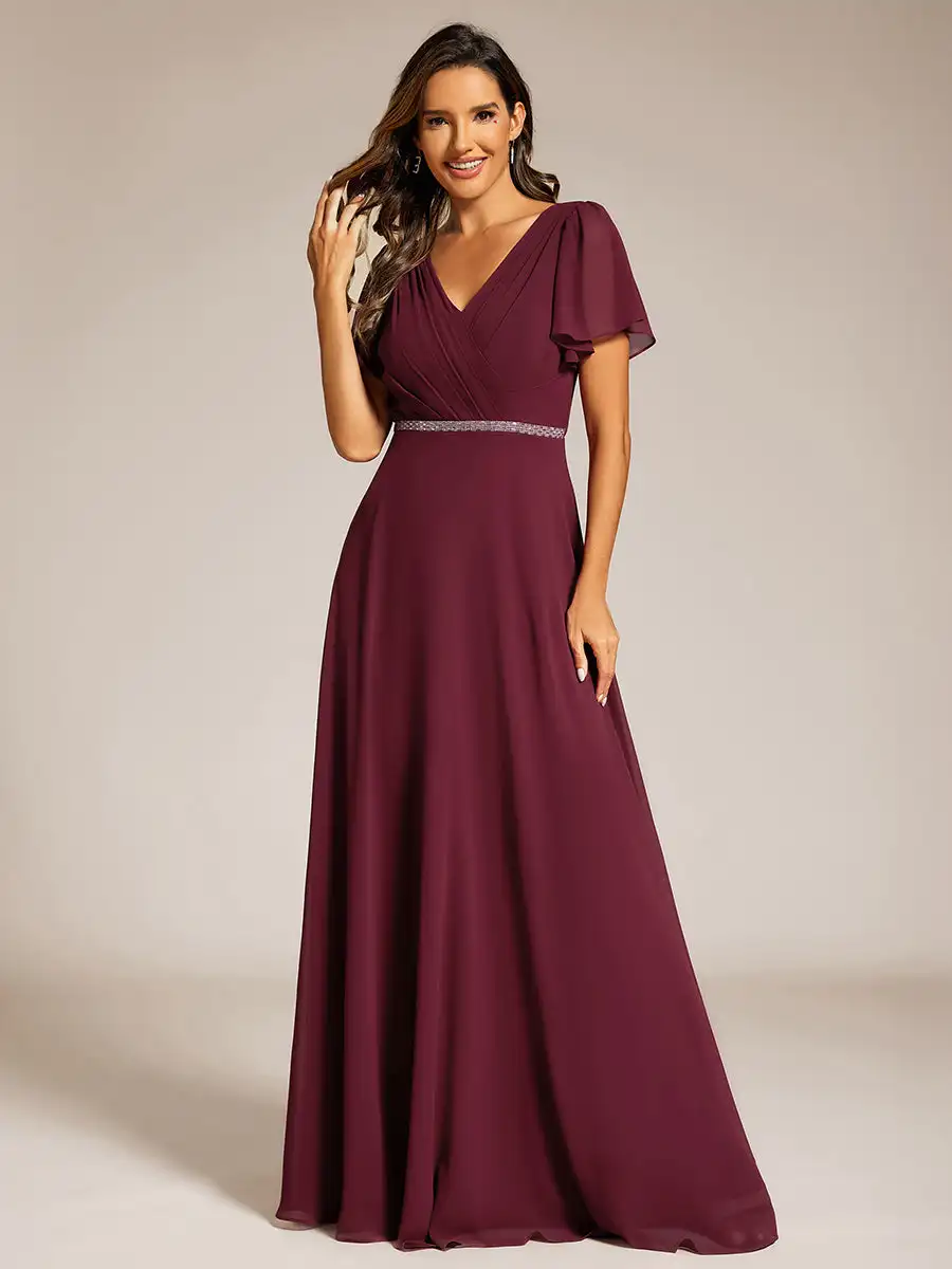 Elegante Abendkleider kurze Ärmel und Pailletten Taille plissiert 2024 immer hübsch von A-Linie Chiffon Burgund Brautjungfer Kleid